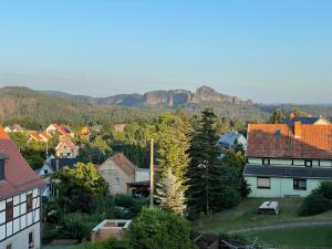 a small town with houses and mountains in the background at Ferienapartment Horn in Altendorf