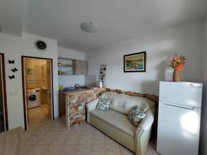 米利尼的住宿－Apartments with a parking space Plat, Dubrovnik - 4776，带沙发和冰箱的客厅
