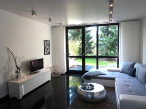 ein Wohnzimmer mit einem Sofa und einem großen Fenster in der Unterkunft Apartment Black & White Neuss in Neuss