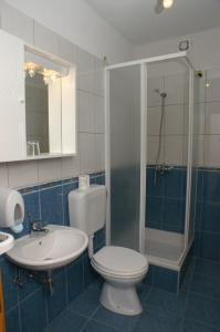 uma casa de banho com um WC, um lavatório e um chuveiro em Apartments and rooms by the sea Milna, Hvar - 3074 em Hvar