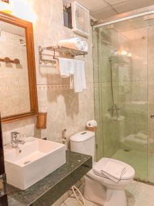 ein Bad mit einem WC, einem Waschbecken und einer Dusche in der Unterkunft Mai Chau Sunset Boutique Hotel in Mai Châu