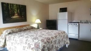 a bedroom with a bed and a white refrigerator at Evergreen Motel in Princeton