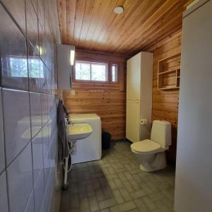 a small bathroom with a toilet and a sink at Revontulen Tupa in Kaamanen