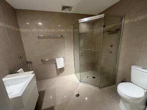 a bathroom with a shower and a toilet and a sink at Snowstay at Heidi’s in Smiggin Holes