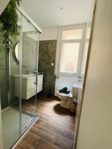 uma casa de banho com um chuveiro, um WC e uma janela. em Studio d'exception Mourillon CLIM & plage à pied em Toulon