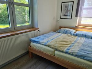 プレローにあるHaus am Deich Ferienwohnungenのベッドルーム1室(ベッド1台、窓2つ付)