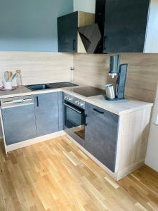 a kitchen with stainless steel appliances and wood floors at Freiblick 1 Bad Glbg mit Garten Top1 in Bad Gleichenberg