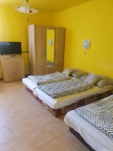 two beds in a room with yellow walls at Apartmány Viola in Štúrovo
