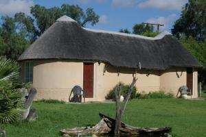 uma pequena cabana com telhado de palha num quintal em Karoo Pred-a-tours/Cat Conservation Trust em Cradock