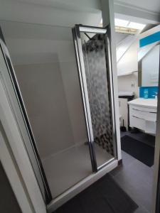 a shower in a room with a glass door at Duplex Autonome Cosy à Paris Roissy CDG in Roissy-en-France