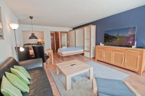 - un salon avec un canapé et une télévision dans l'établissement Haus Viktoria A, Apartment Stockhorn, à Zermatt