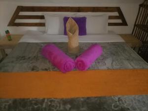 Una cama con dos almohadas moradas. en Sabs Cottage, en Kasane 12 fotos más