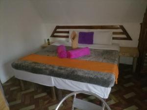 Un dormitorio con una cama grande con almohadas moradas. en Sabs Cottage, en Kasane