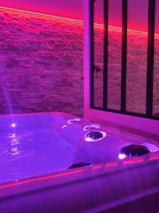 a bathroom with a tub with a view of the ocean at Superbe appartement avec jacuzzi et extérieur in Perpignan