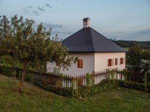 ein weißes Haus mit schwarzem Dach und einem Zaun in der Unterkunft Trattnachtaler Weinhaus 