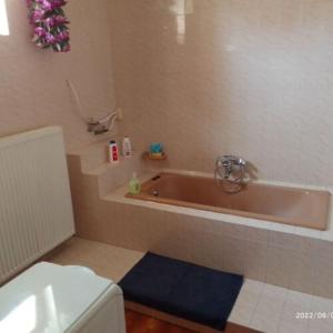 a bathroom with a tub and a blue rug next to a toilet at István Apartman in Tiszafüred