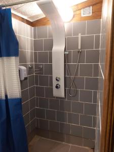 La salle de bains est pourvue d'une douche avec un pommeau de douche. dans l'établissement Gite LA CASCADE BLANCHE, à Salazie