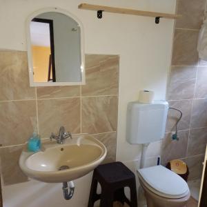 W łazience znajduje się umywalka, toaleta i lustro. w obiekcie Crazy beach house w mieście Skala Prinos