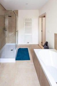 a bathroom with a tub and a shower with a blue rug at Edelweis in Blankenberge