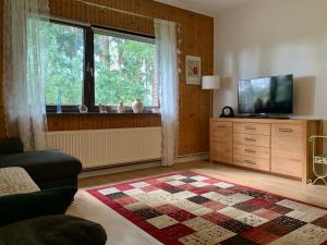 sala de estar con TV y ventana en Ferienwohnung Leni, en Walsrode