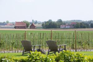 dos sillas sentadas en un campo junto a una valla en Cottage d'Hoge Schure, en Heuvelland