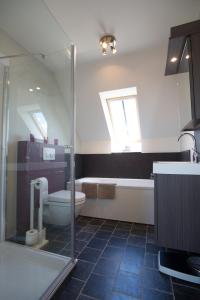 y baño con aseo, lavabo y ducha. en Cottage d'Hoge Schure, en Heuvelland