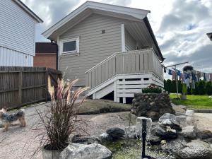 a dog standing in front of a house at Sentralt i Fredrikstad, gratis parkering og varmepumpe med AC in Fredrikstad