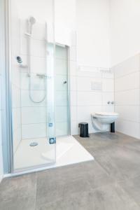 a bathroom with a glass shower and a toilet at Haus Jagstblick in Kirchberg an der Jagst