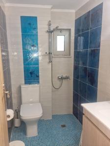 y baño con aseo y ducha con azulejos azules. en Villa Vanessa, en Kissamos