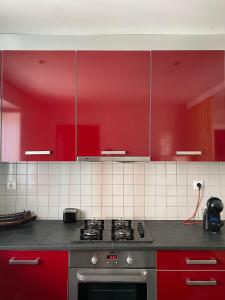 a kitchen with red cabinets and a stove at Casa dos Carvalhos in Coimbra +98 photos