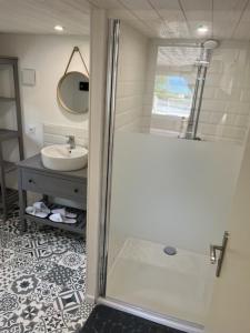 een badkamer met een douche, een wastafel en een spiegel bij Le gîte des Falaises - plage à pied - vue sur mer in Saint-Martin-Plage