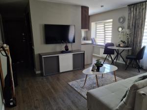 a living room with a couch and a flat screen tv at West coast apartments in Klaipėda