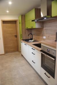 a kitchen with green and white cabinets and a sink at Ferienapartment Horn in Altendorf