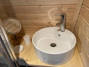 een badkamer met een witte wastafel en een spiegel bij Le charmant Pod du Parolais in Beauvoisin