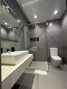 Un baño con lavabo, ducha e inodoro. en Tirana Apartments, en Tirana