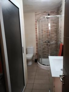 uma casa de banho com um chuveiro e um WC. em Two gate town house em Senglea