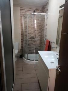 ein Bad mit einer Dusche, einem Waschbecken und einem WC in der Unterkunft Two gate town house in Senglea