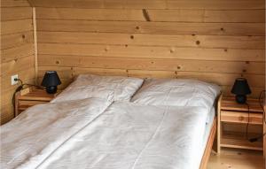 a bed in a wooden room with two lamps at Beautiful Home In Grzybowo With 2 Bedrooms And Wifi in Grzybowo