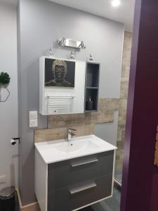uma casa de banho com um lavatório e um espelho em Côté spa 