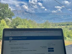 a laptop computer screen with a view of mountains at B&b Villa Asia in Sulmona