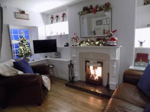 a living room with a fireplace and a christmas tree at Widows Row Cottage in Newcastle
