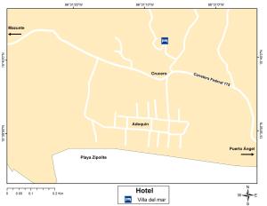 um mapa mostrando a localização do hotel em Villa del Mar em Zipolite