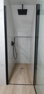 uma parede de vidro com um chuveiro num quarto em Alójate Gandia Ermita em Gandia