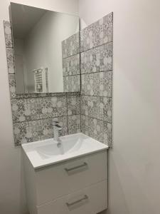 a bathroom with a sink and a mirror at Logements au dessus du Bois de l Ours Les Rousses in Les Rousses