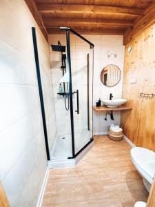 a bathroom with a shower and a sink at W Starym Sadzie in Radków