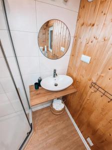 a bathroom with a sink and a mirror at W Starym Sadzie in Radków