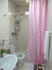 a bathroom with a pink shower curtain and a toilet at Pottery House Sanahin in Alaverdi