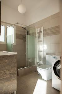 W łazience znajduje się prysznic, toaleta i umywalka. w obiekcie Διαμερίσματα στο Δυτικό Μοσχάτο w Pireusie
