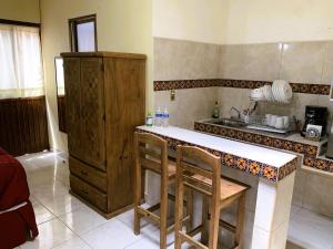 eine Küche mit einer Theke, einer Spüle und einer Arbeitsplatte in der Unterkunft Noria House in Exhacienda La Escalera in Guanajuato