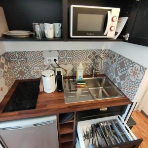 una piccola cucina con lavandino e forno a microonde di Studio Emotion 4P - Train station 200m - Disneyland Paris 5 min a Montévrain